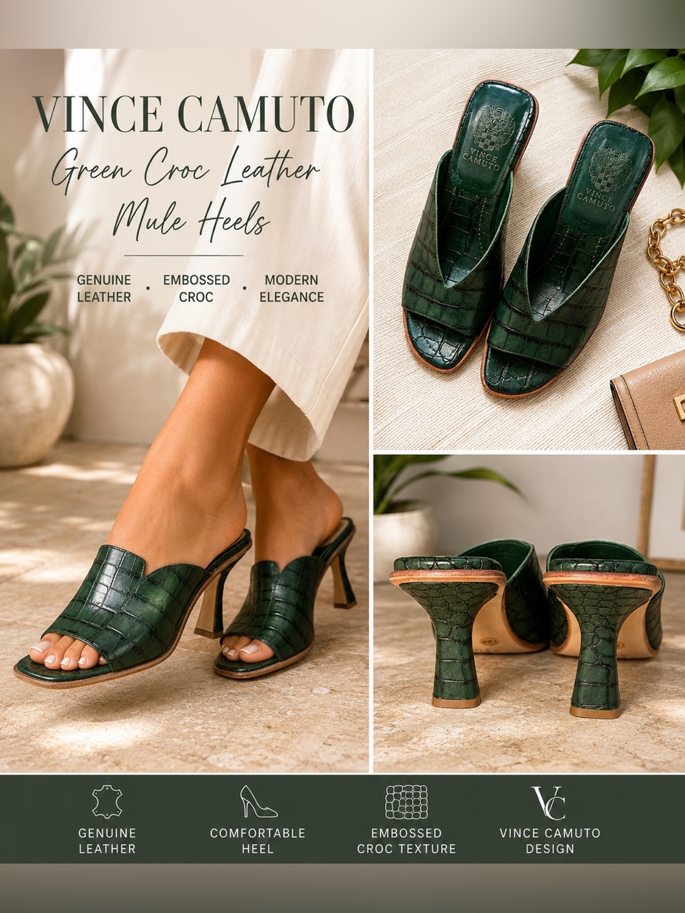 Vince Camuto Green Embossed Croc Leather Mule Heels Size 8.5